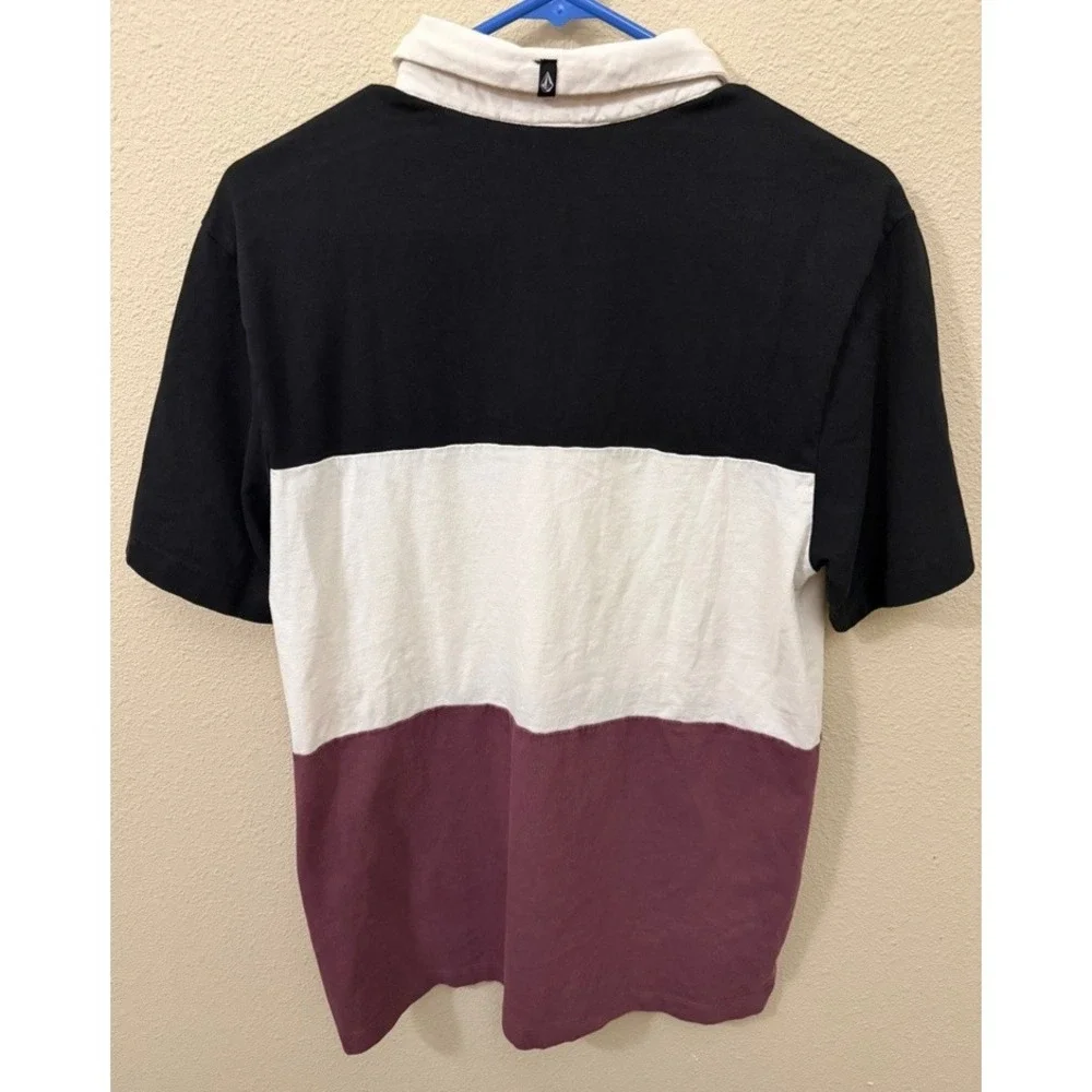 Volcom Mens Colorblock Rugby Polo Shirt Black White Burgundy Stone Logo Small
